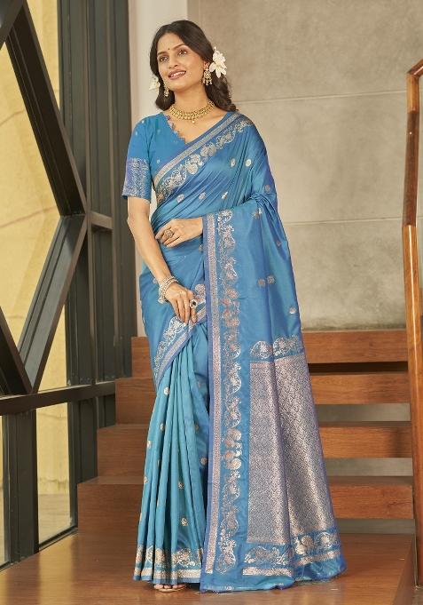 Blue Zari Embroidery Silk Saree