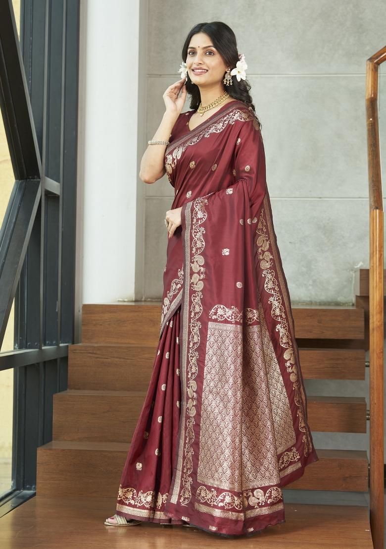 Wine Zari Embroidery Silk Saree - Indya