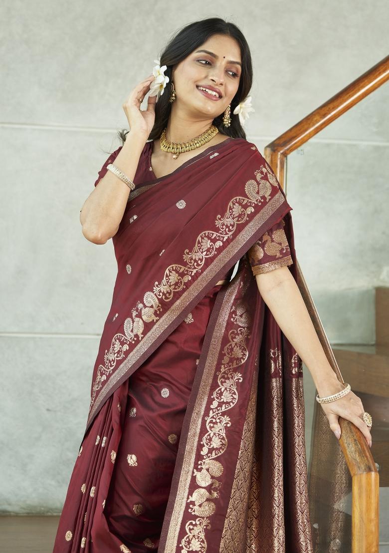 Wine Zari Embroidery Silk Saree - Indya