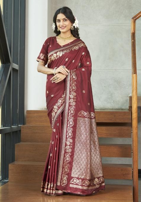 Wine Zari Embroidery Silk Saree