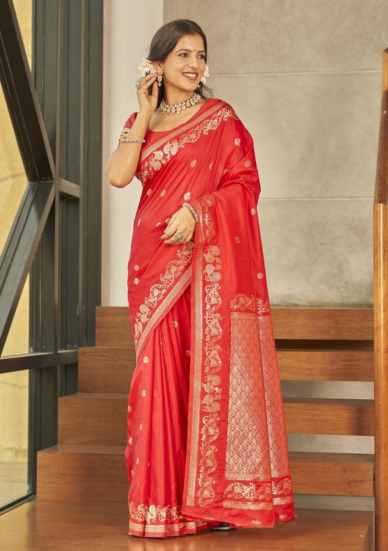 Red Zari Embroidery Silk Saree - Indya