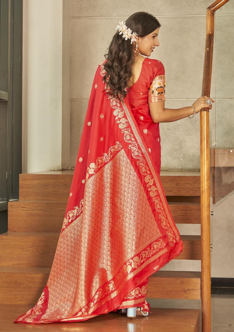 Red Zari Embroidery Silk Saree - Indya
