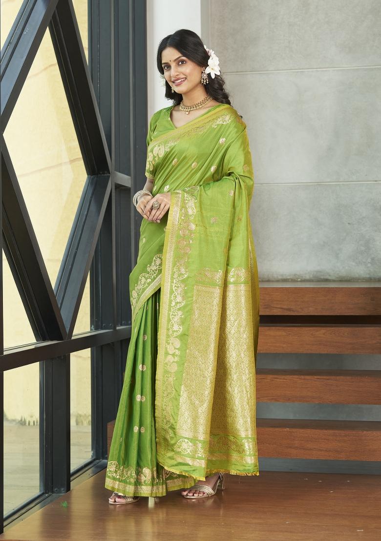 Green Zari Embroidery Silk Saree - Indya