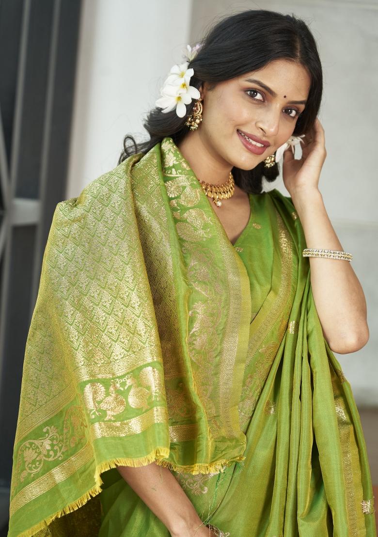 Green Zari Embroidery Silk Saree - Indya