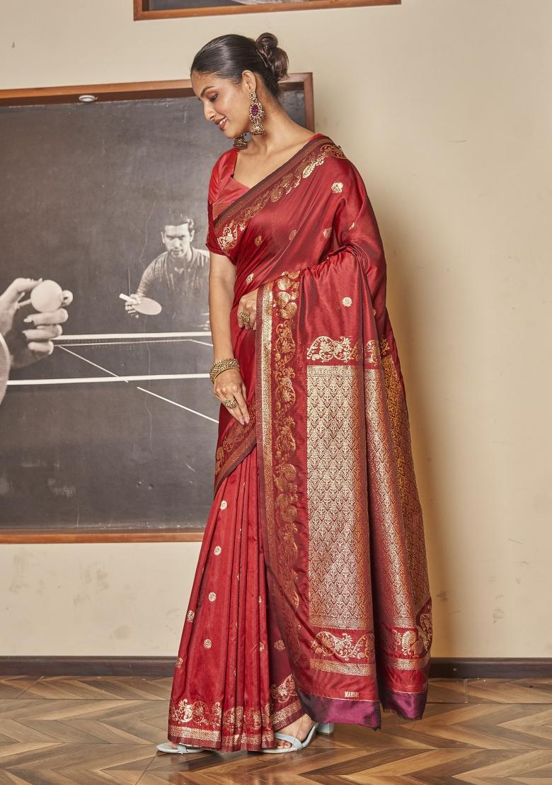 Maroon Zari Embroidery Silk Saree - Indya
