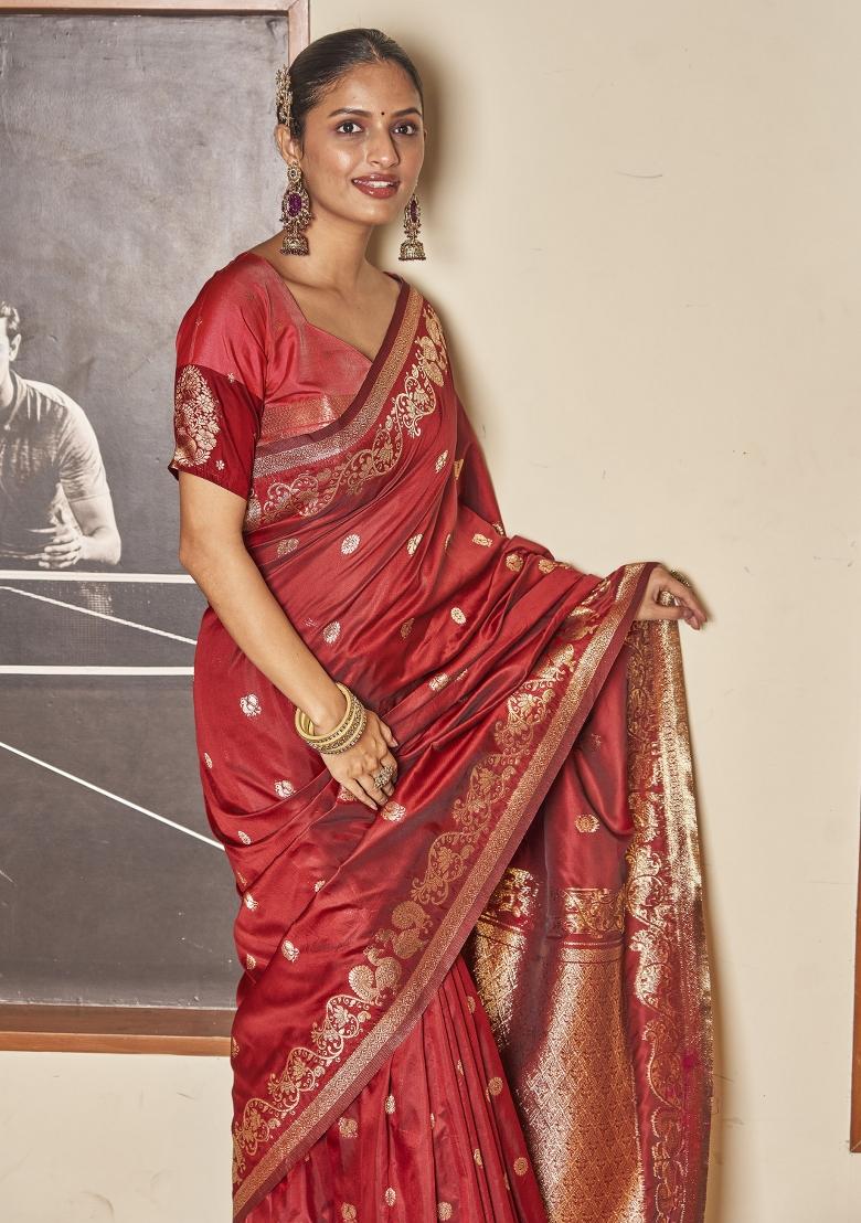 Maroon Zari Embroidery Silk Saree - Indya