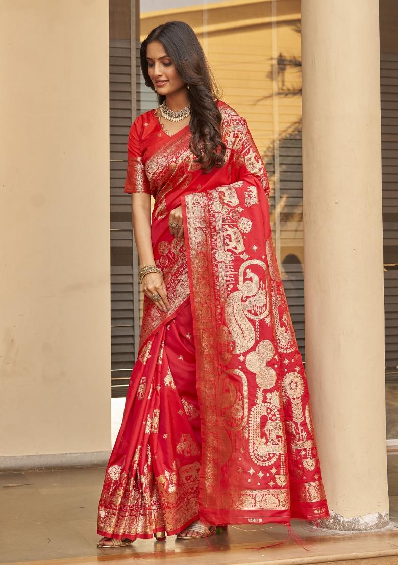 Red Zari Embroidery Silk Saree - Indya