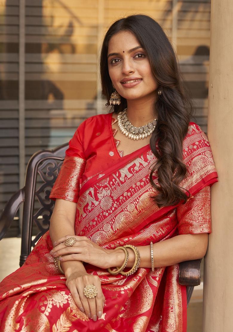 Red Zari Embroidery Silk Saree - Indya