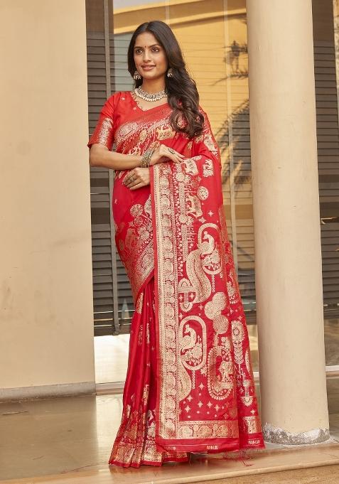 Red Zari Embroidery Silk Saree