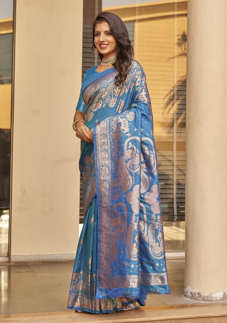 Blue Zari Embroidery Silk Saree - Indya