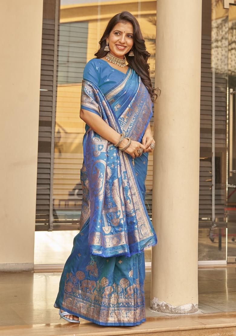 Blue Zari Embroidery Silk Saree - Indya
