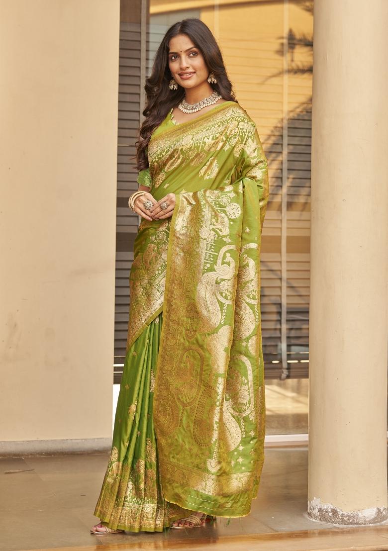 Green Zari Embroidery Silk Saree - Indya