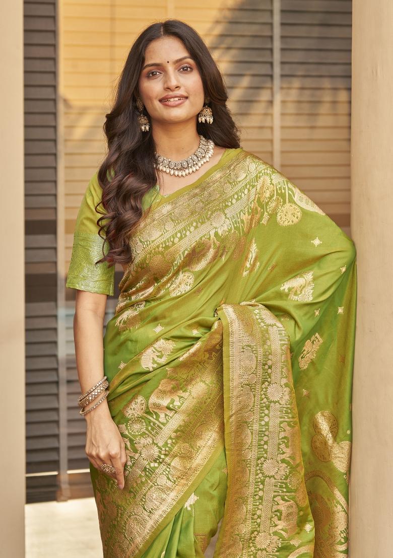 Green Zari Embroidery Silk Saree - Indya