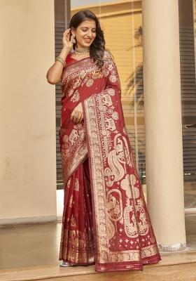 Maroon Zari Embroidery Silk Saree