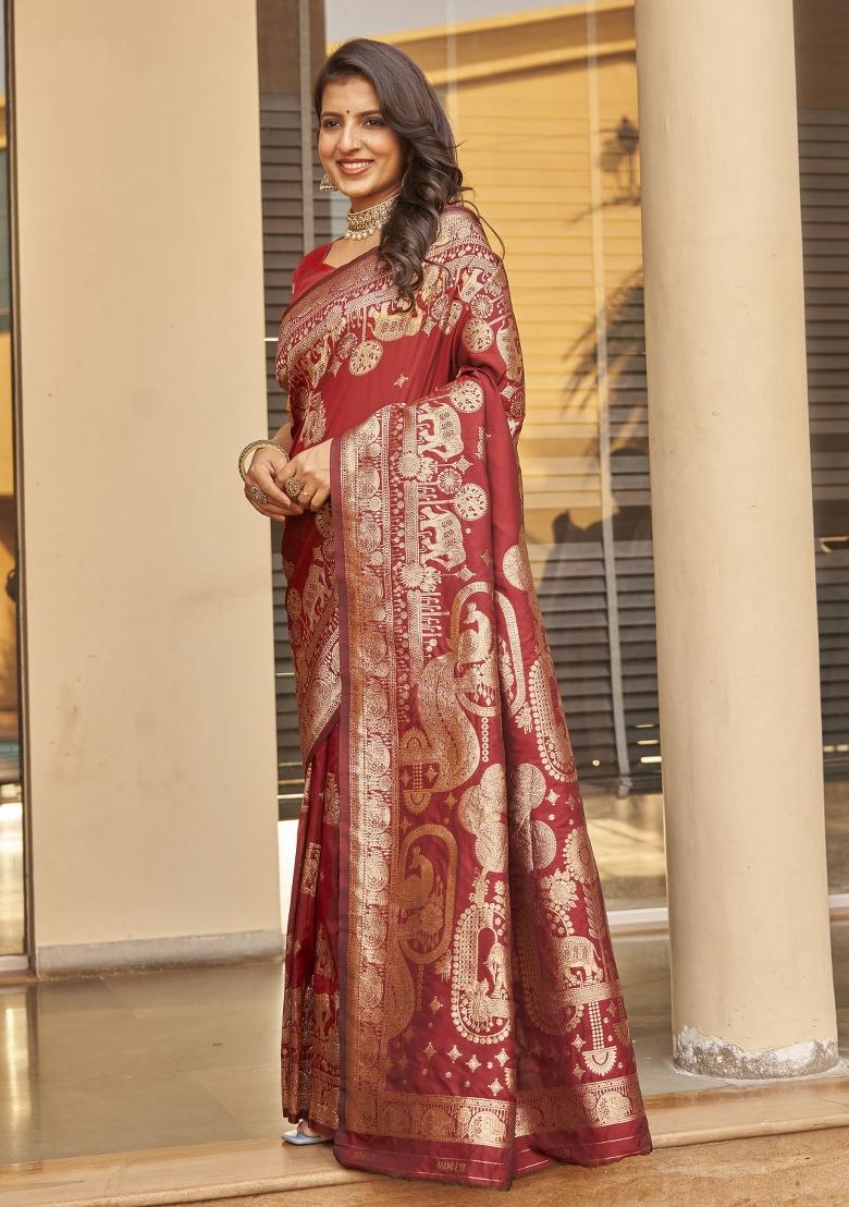 Maroon Zari Embroidery Silk Saree - Indya
