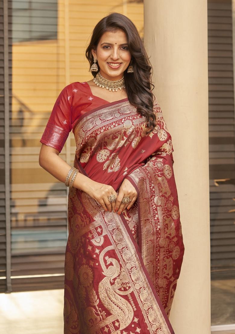 Maroon Zari Embroidery Silk Saree - Indya