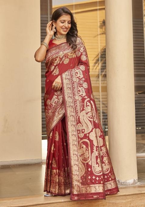 Maroon Zari Embroidery Silk Saree