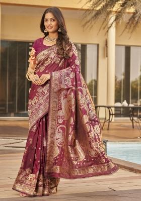 Wine Zari Embroidery Silk Saree
