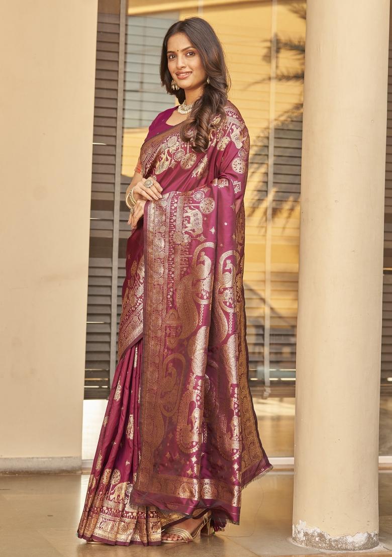 Wine Zari Embroidery Silk Saree - Indya