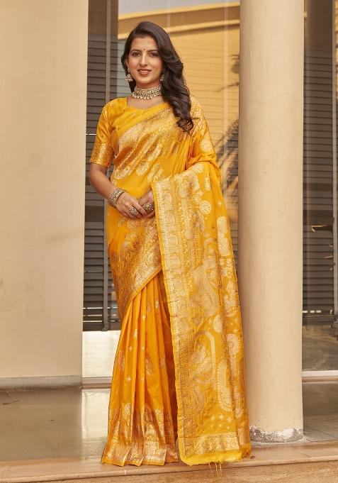 Yellow Zari Embroidery Silk Saree