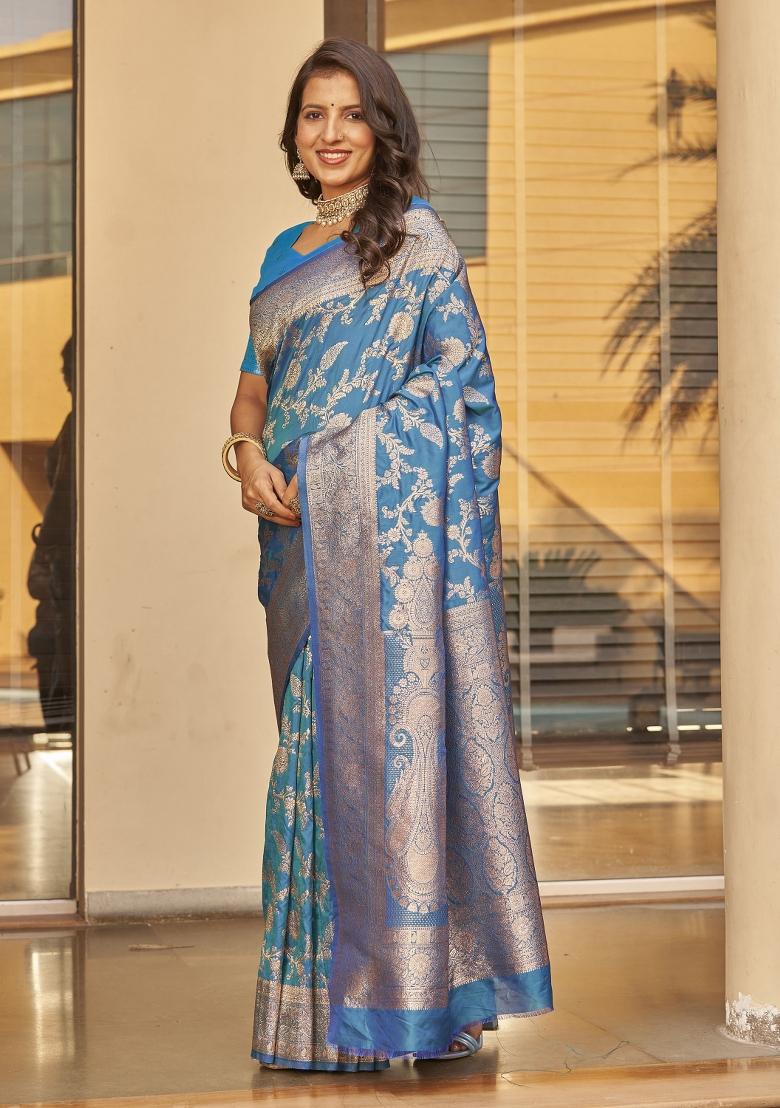 Blue Zari Embroidery Silk Saree - Indya