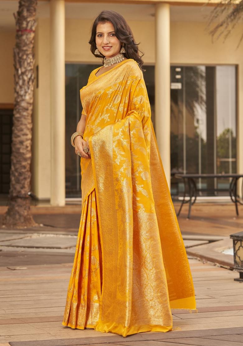 Yellow Zari Embroidery Silk Saree - Indya