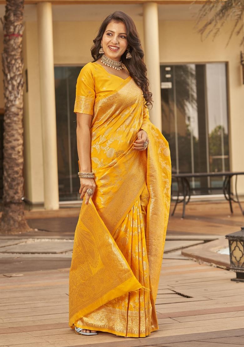 Yellow Zari Embroidery Silk Saree - Indya
