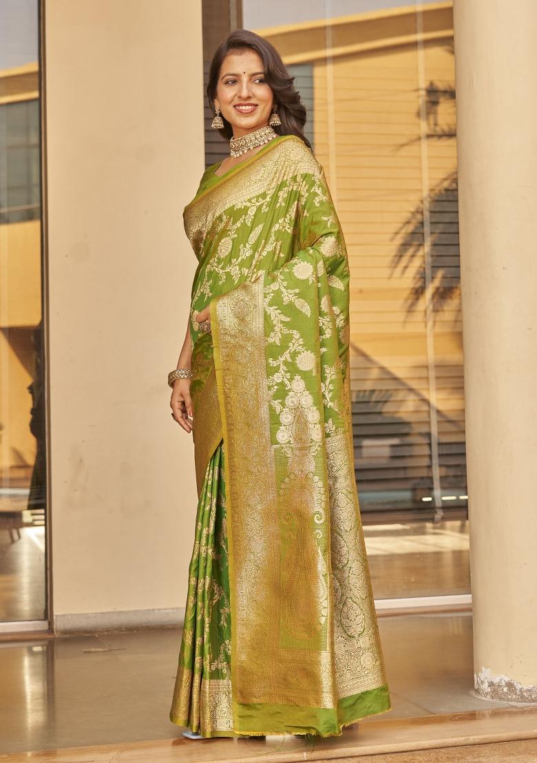 Green Zari Embroidery Silk Saree - Indya