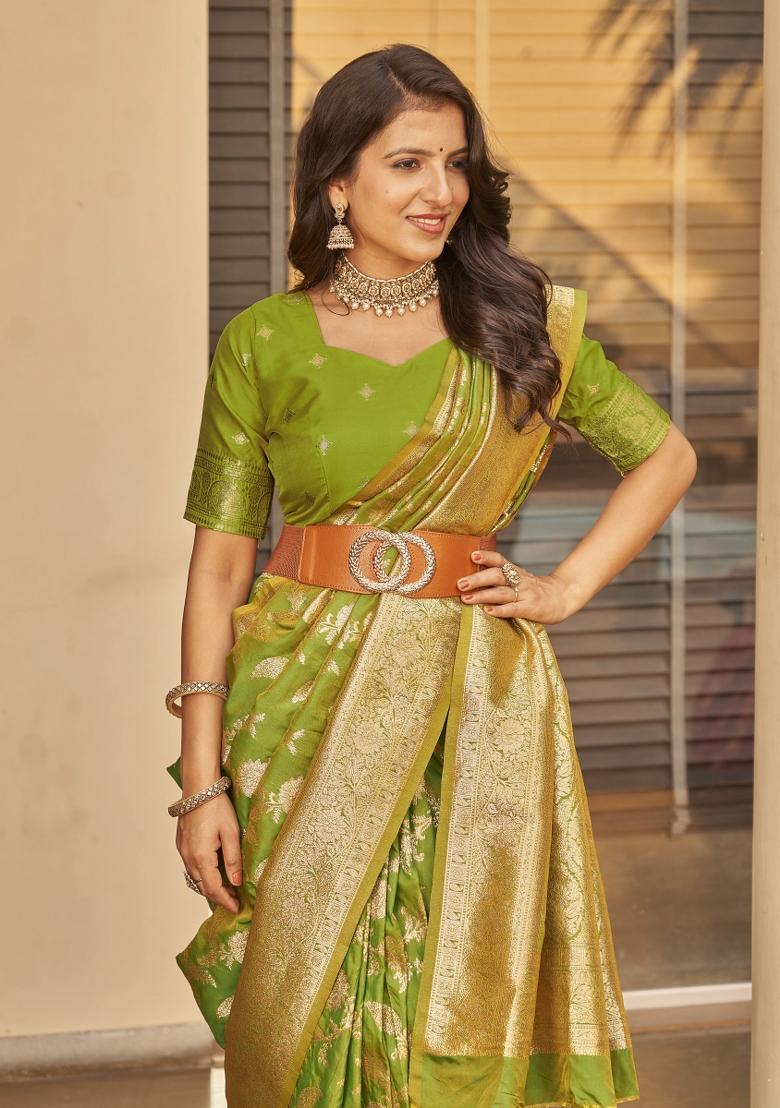Green Zari Embroidery Silk Saree - Indya