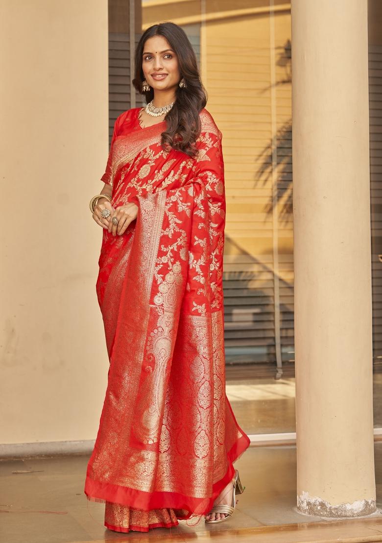 Red Zari Embroidery Silk Saree - Indya