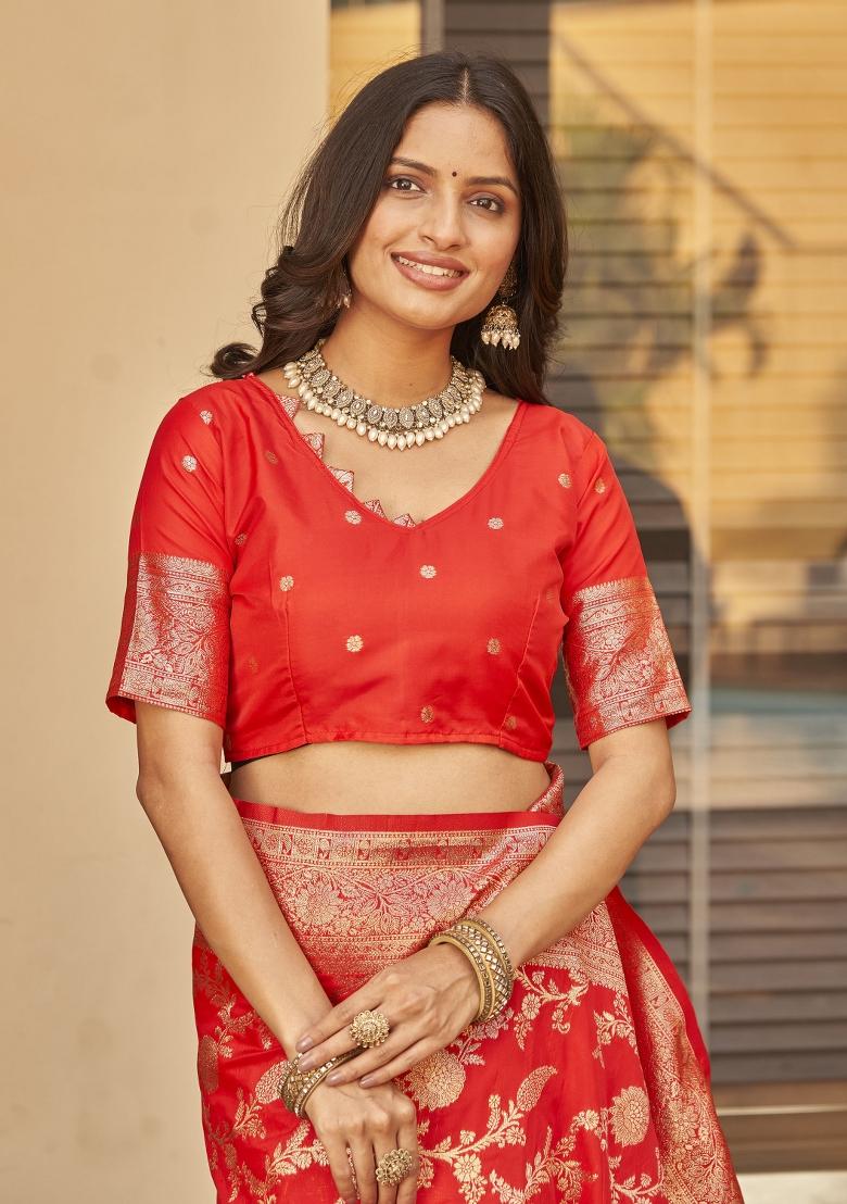 Red Zari Embroidery Silk Saree - Indya