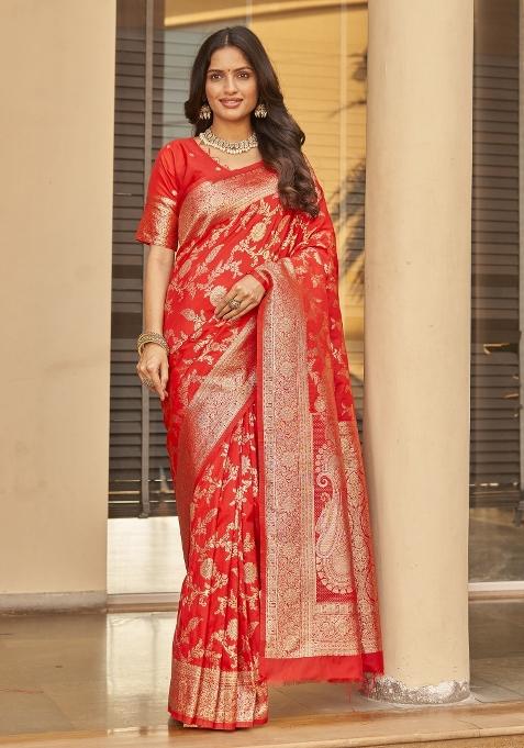 Red Zari Embroidery Silk Saree