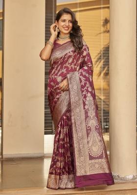 Wine Zari Embroidery Silk Saree