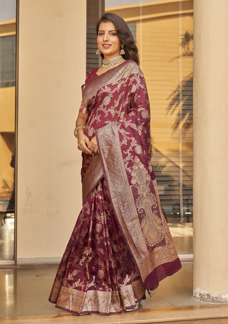 Wine Zari Embroidery Silk Saree - Indya