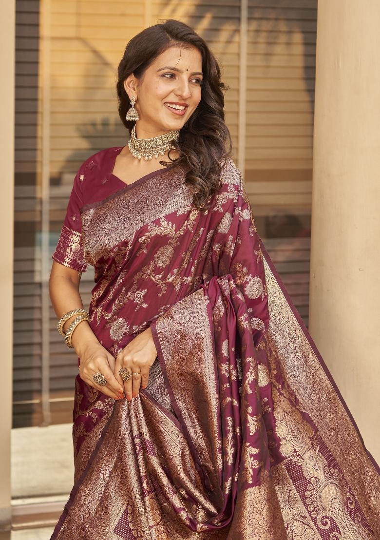 Wine Zari Embroidery Silk Saree - Indya