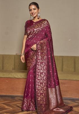 Wine Zari Embroidery Silk Saree