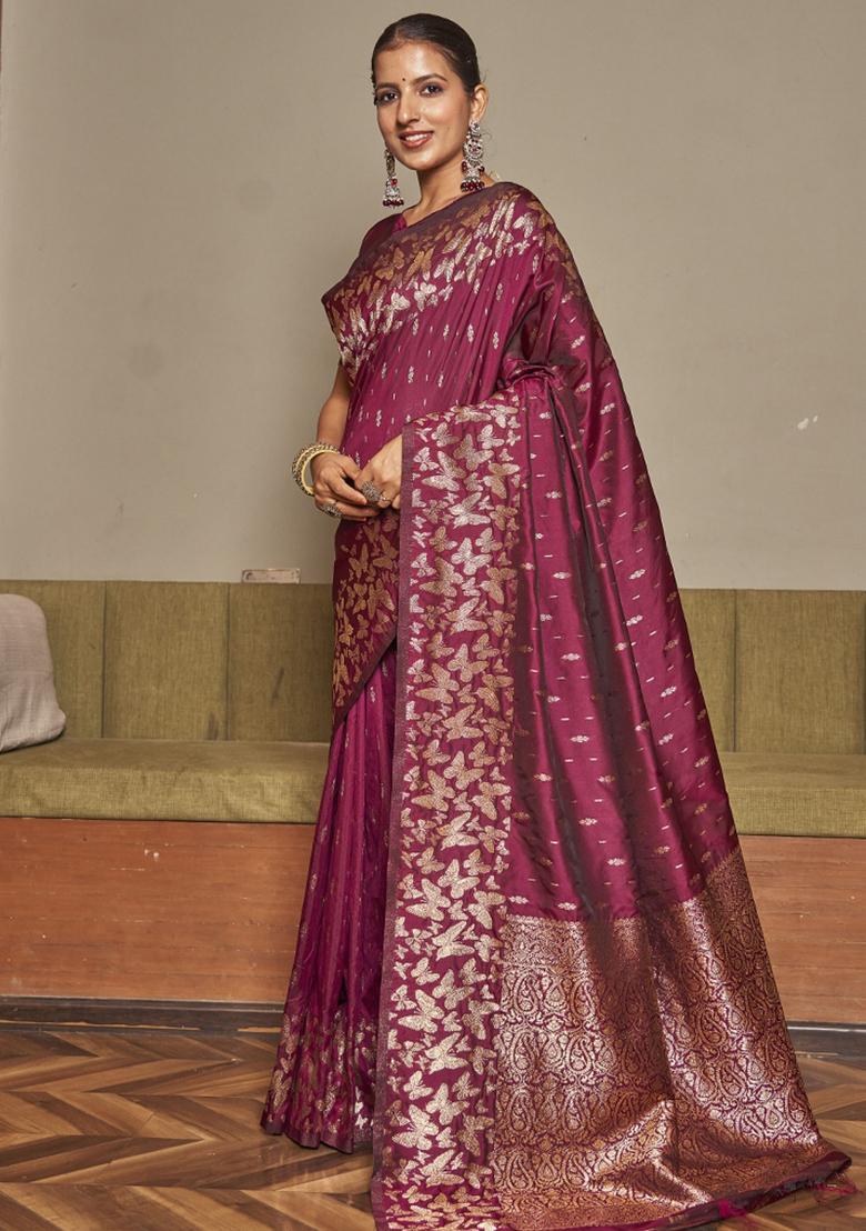 Wine Zari Embroidery Silk Saree - Indya