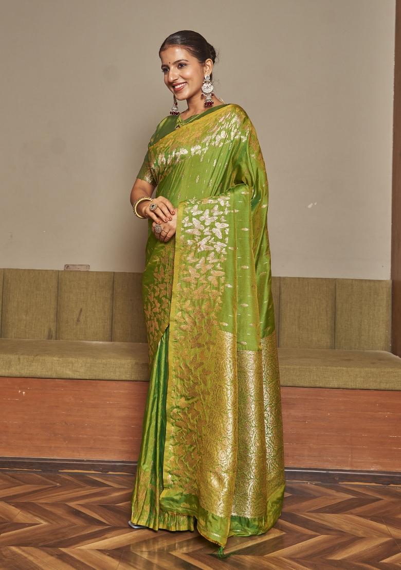 Green Zari Embroidery Silk Saree - Indya