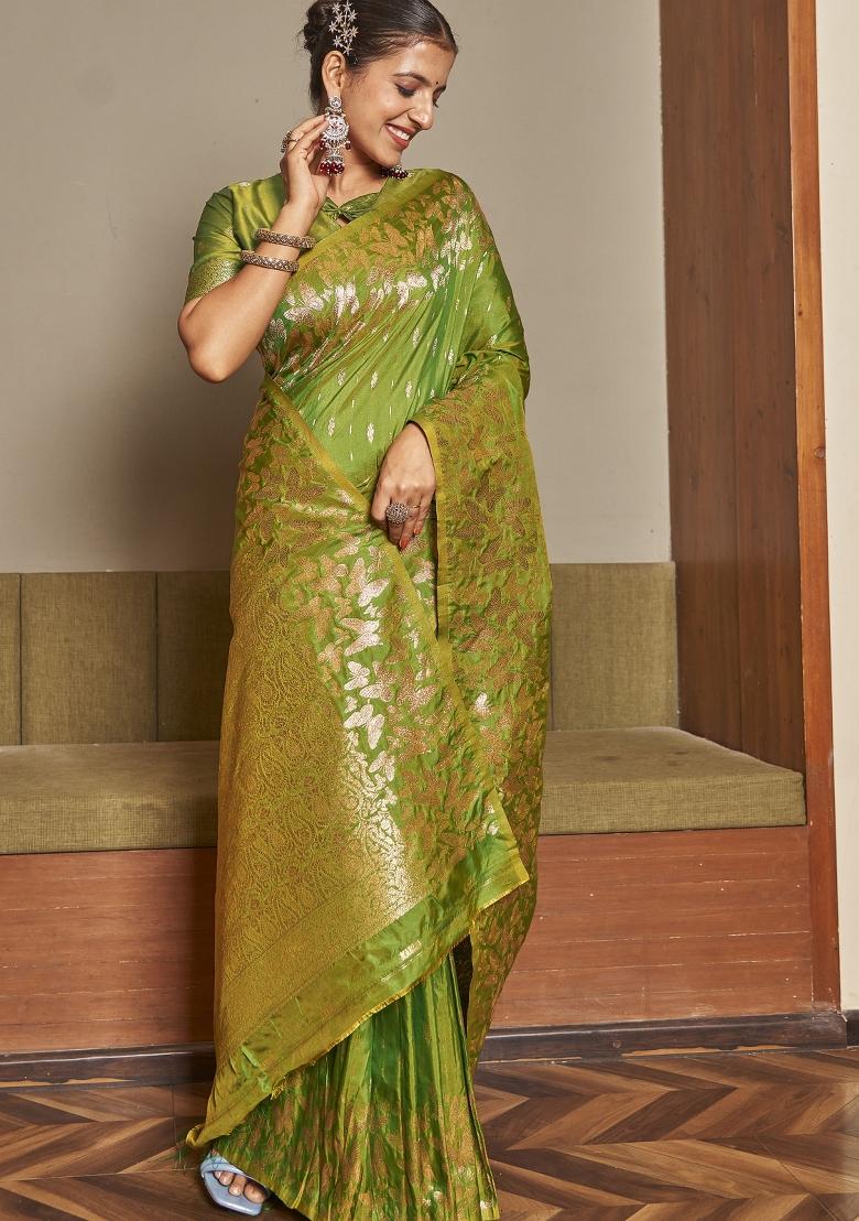 Green Zari Embroidery Silk Saree - Indya