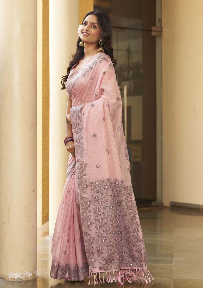 Pink Zari Embroidery Silk Saree - Indya