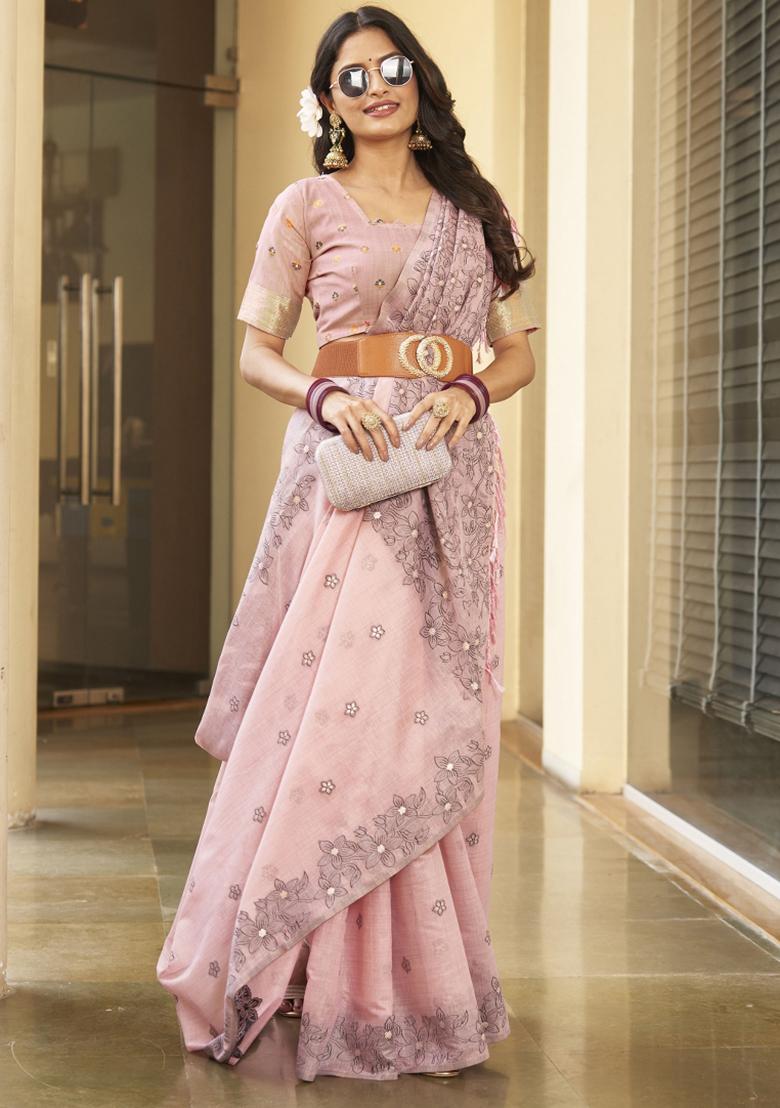 Pink Zari Embroidery Silk Saree - Indya