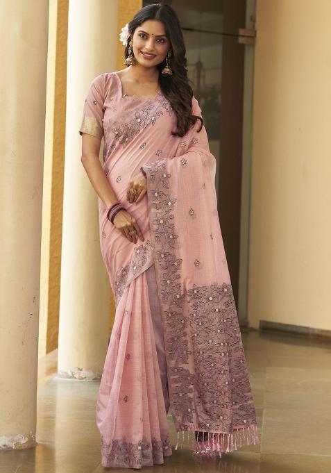 Pink Zari Embroidery Silk Saree