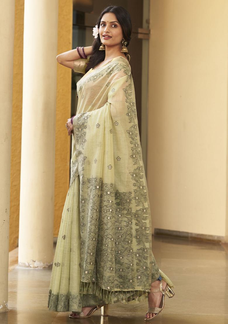 Green Zari Embroidery Silk Saree - Indya