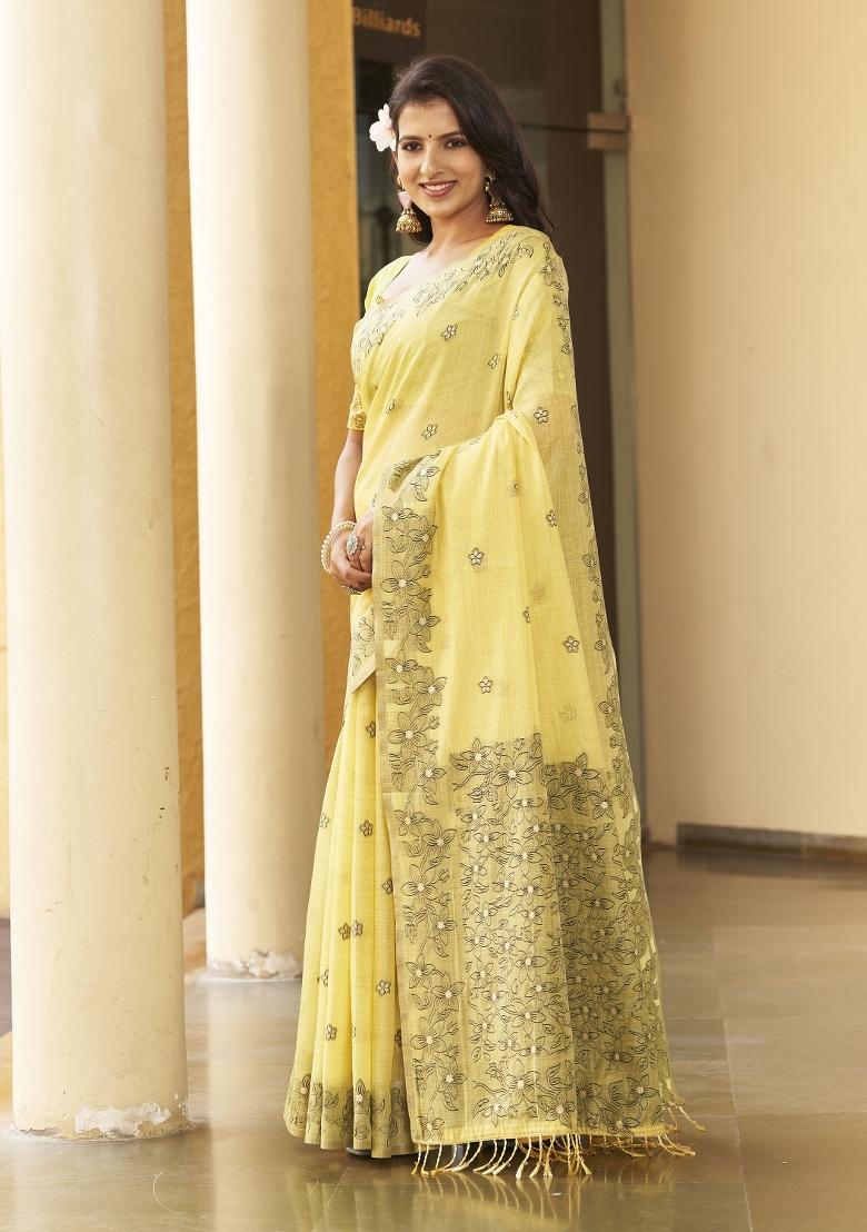 Yellow Zari Embroidery Silk Saree - Indya