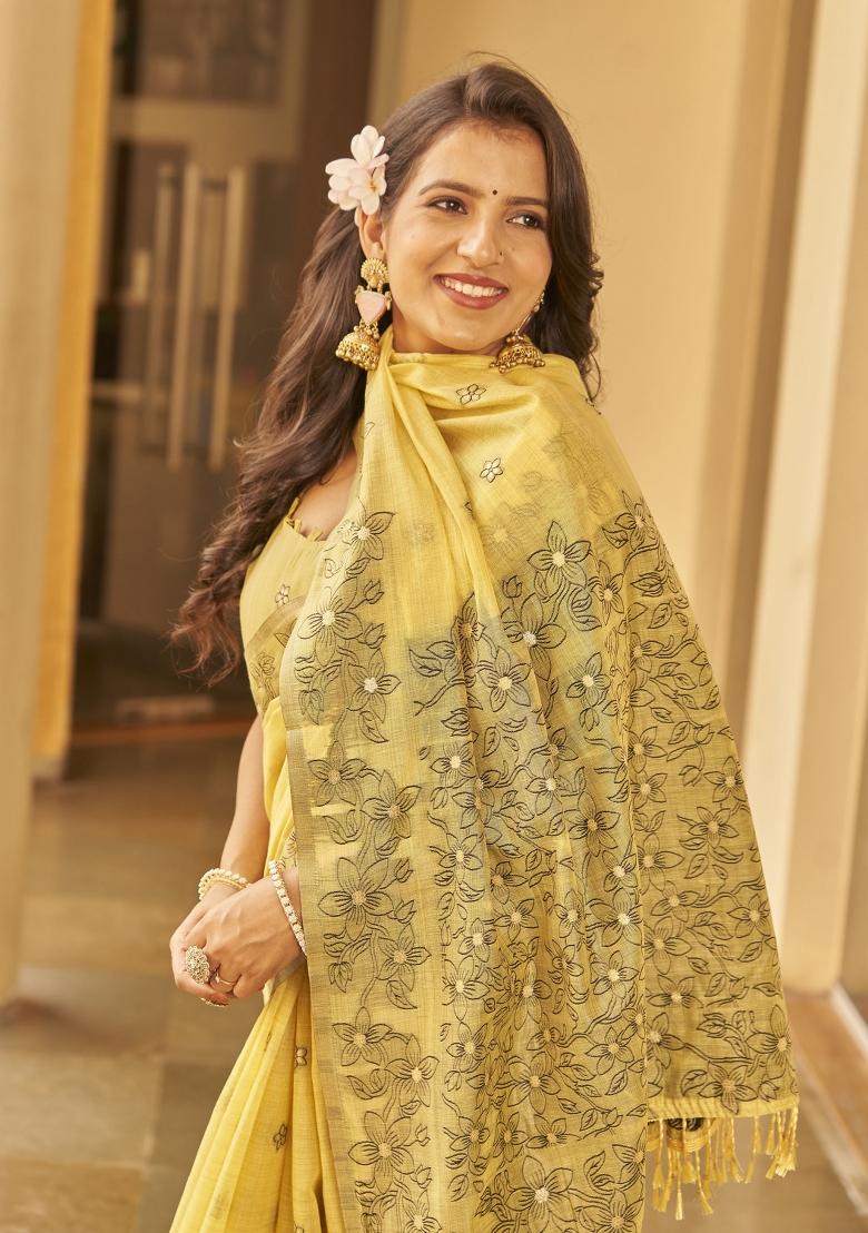 Yellow Zari Embroidery Silk Saree - Indya