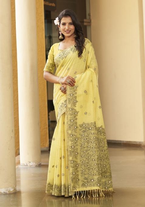 Yellow Zari Embroidery Silk Saree