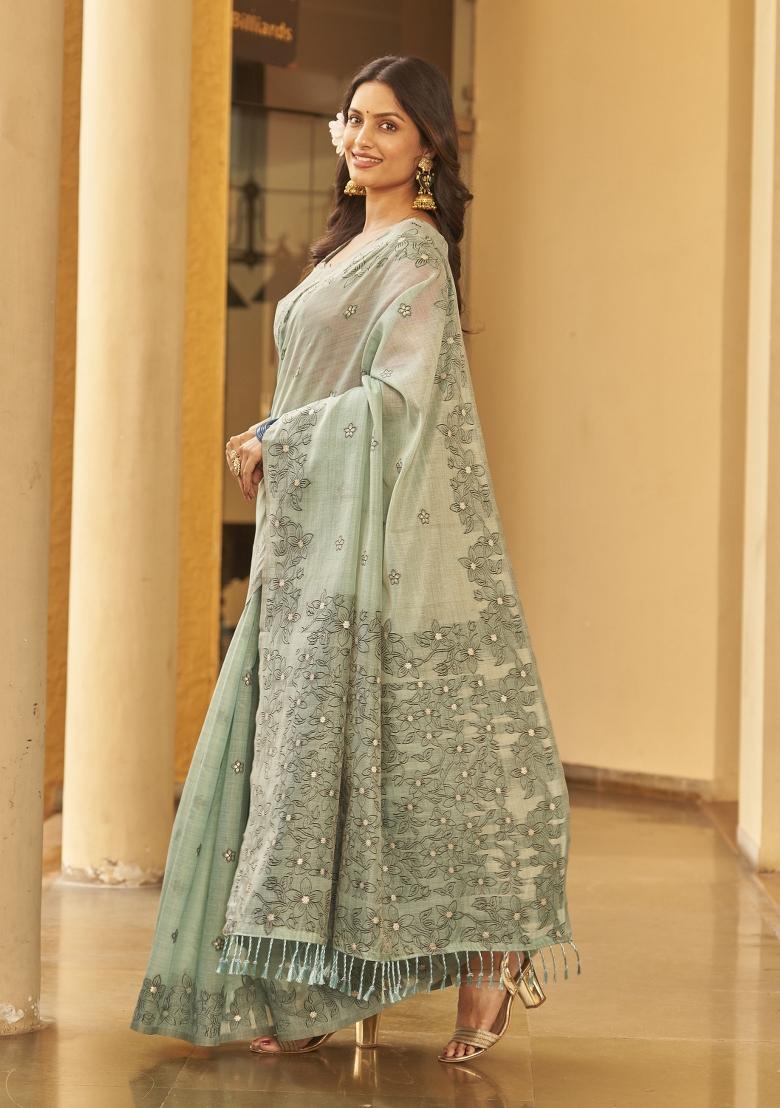 Olive Zari Embroidery Silk Saree - Indya