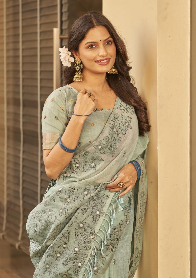 Olive Zari Embroidery Silk Saree - Indya