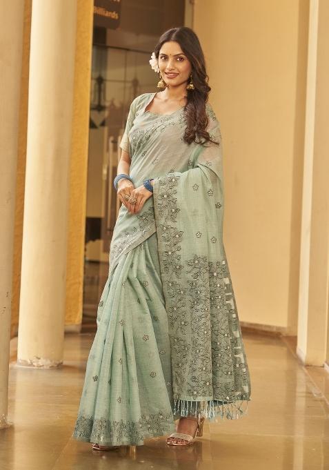 Olive Zari Embroidery Silk Saree