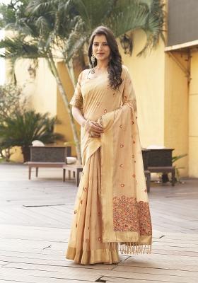 Cream Zari Embroidery Silk Saree